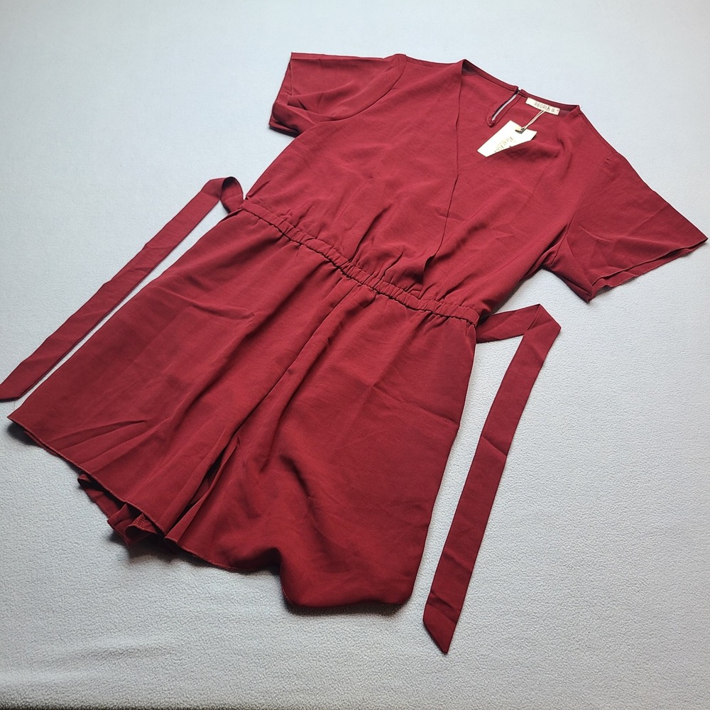 REORIA Romper Womens XL Burgundy New Wrap Front Short Sleeve Tie Waist 4151